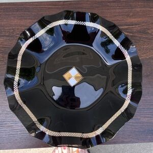Black Glass Ruffle Bowl Gold White Checkered 11 Inch